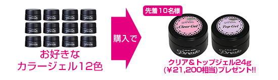 カラージェル12色ご購入の方、先着10名様に「Prestoクリア&トップジェル各24g」プレゼント!